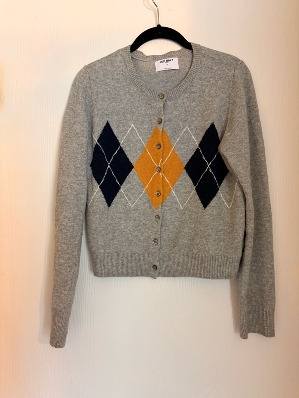Old Navy Gray Cardigan Sweater with Navy & Mustard Argyle